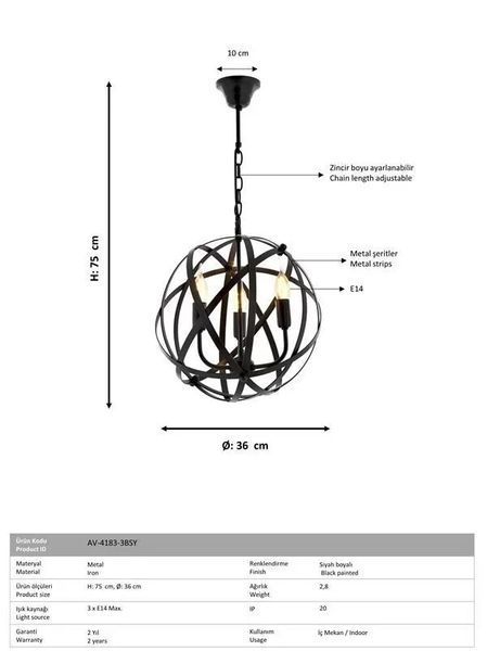 Lustra suspendata 4183 Black, 3 becuri